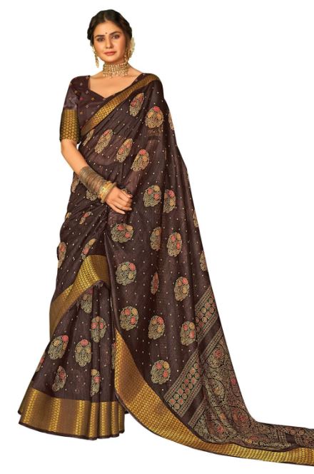 Cotton With Floral Print and Zari Woven Border Brown Color Saree