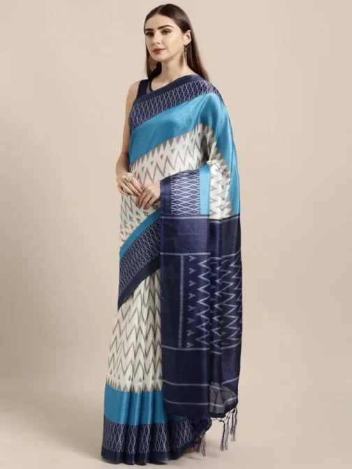 Designer Khadi Silk Tow Color Printed Saree With Blouse side