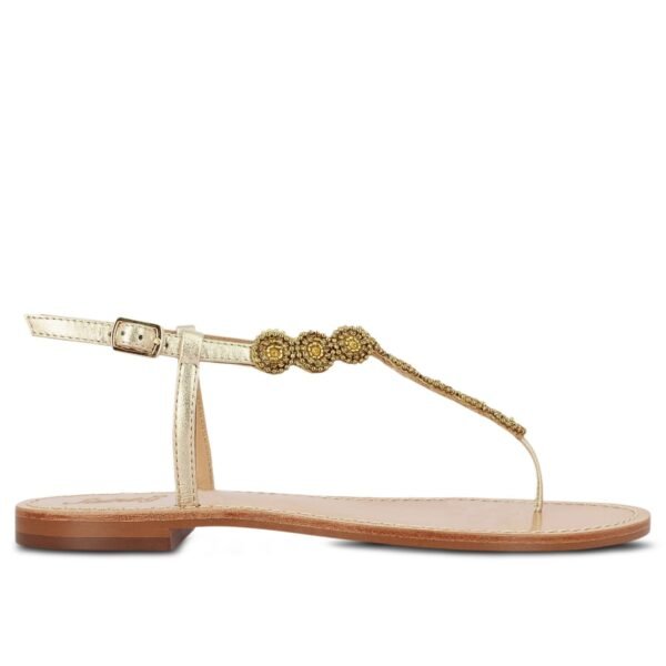 Alcina Platin Leather Gold Embroidered Flat Sandals